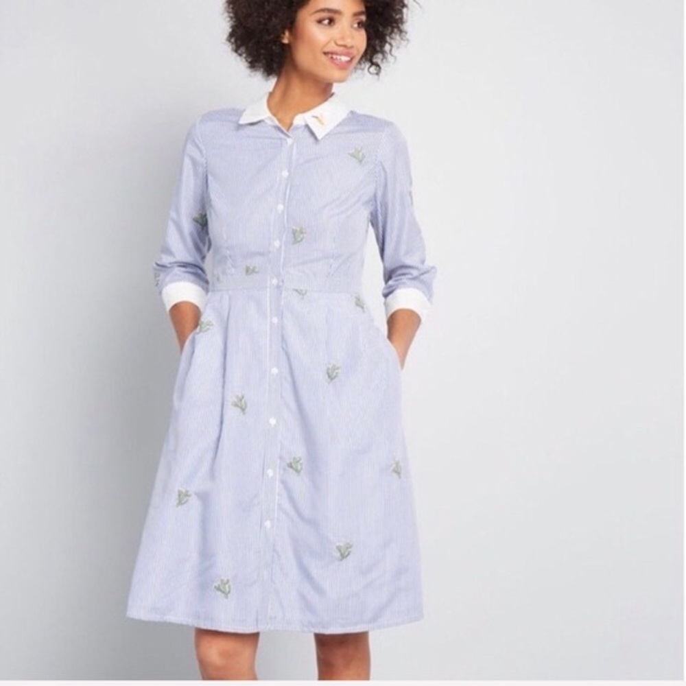 ModCloth Size 00 Shirt Dress Blue White Stripes Cactus & Humming Bird Button up